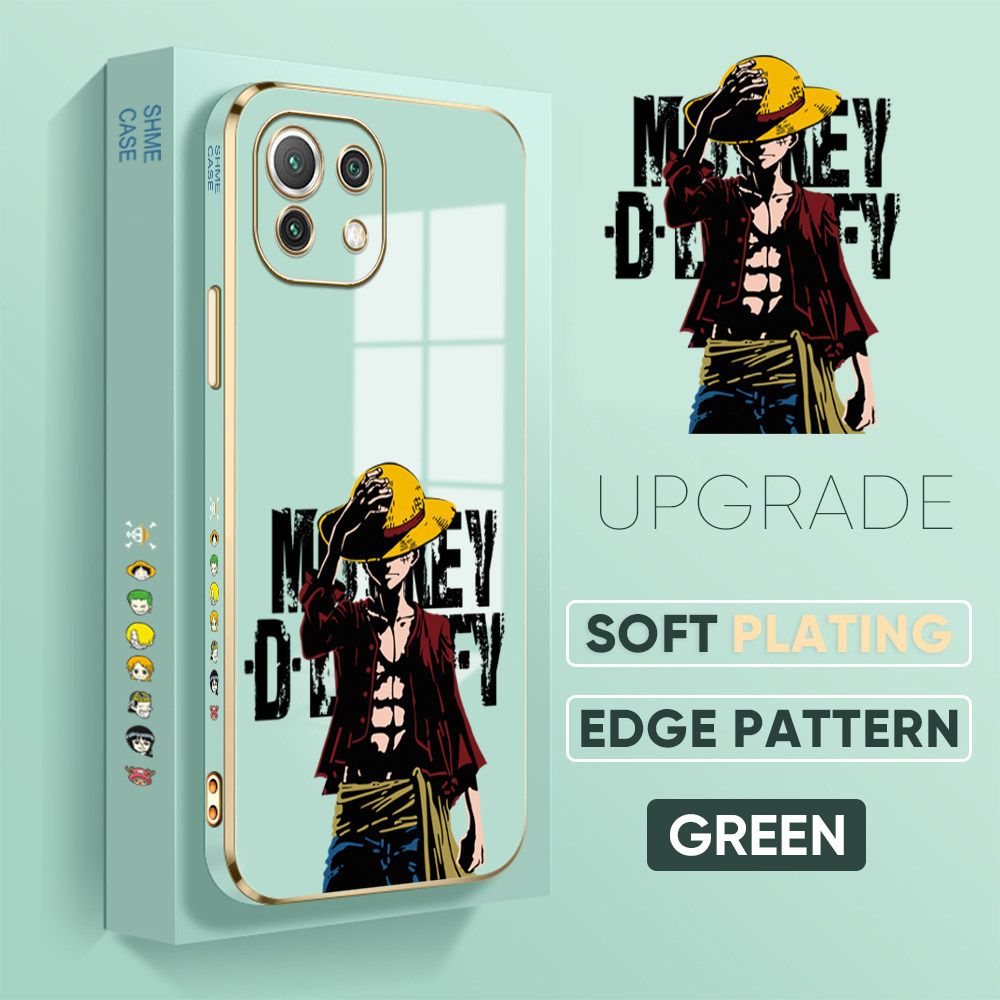 Jizetin (Free Lanyard) Xiaomi 11 Lite 5G / 4G / 11 Lite 5G NE Back Cover Holding Cap Luffy Luxury 6D Plating Case Side Pattern Soft Silicone Square Mobile Phone Cases
