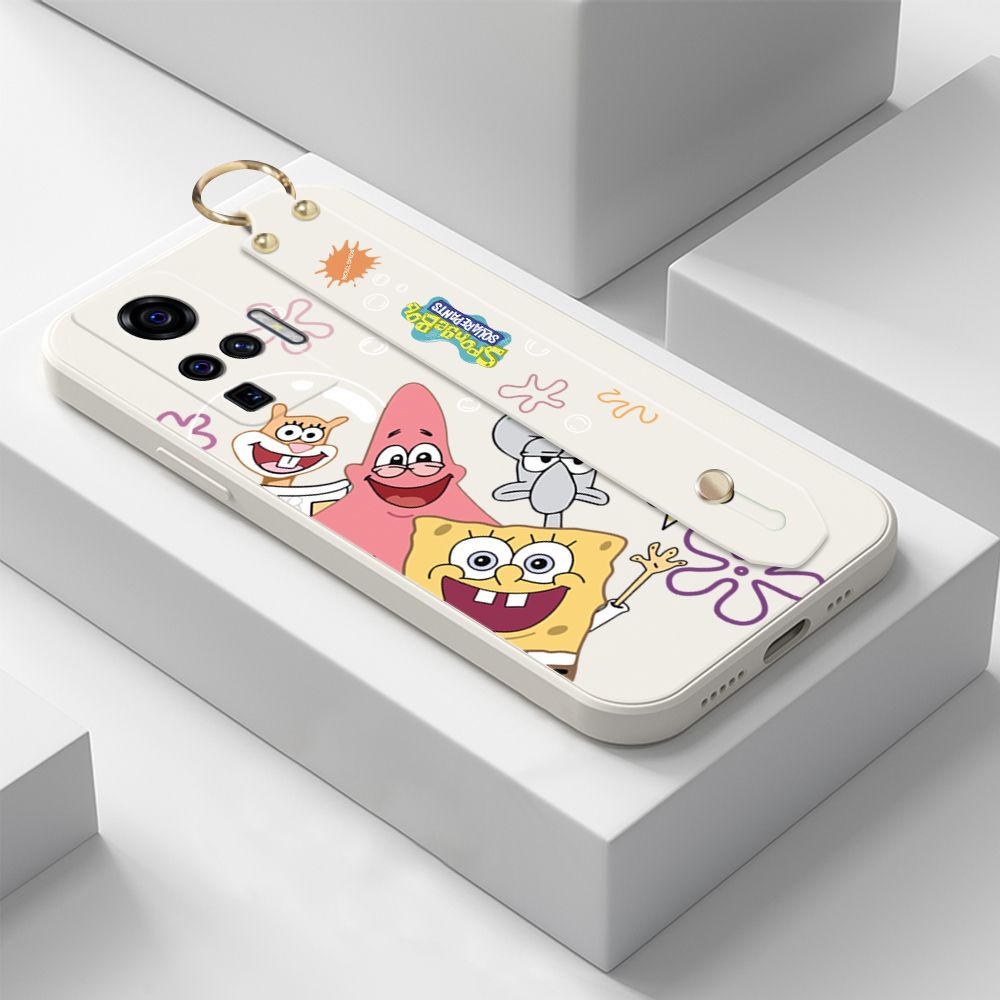 ZeroQiQi for Vivo X50 Pro 5G Wrist Strap Case Cute Cute Funny Cartoon Sponge for Square Pants Cover Square Edge Liquid Silicone Anti-drop Phone Case