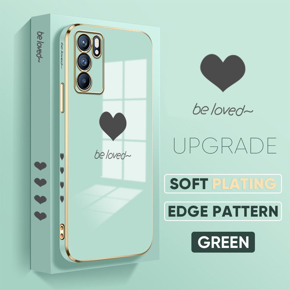 TA for OPPO Reno6 5G Back Cover + Free Lanyard Simple Love Luxury 6D Plating Case Side Pattern Soft Silicone Square Phone Cases
