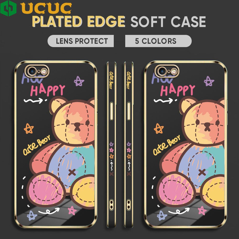 UCUC for iPhone 6 Plus 6s Plus Back Cover + Free Lanyard Colorful Muppet Bear Luxury 6D Plating Case Side Pattern Soft Silicone Square Phone Cases