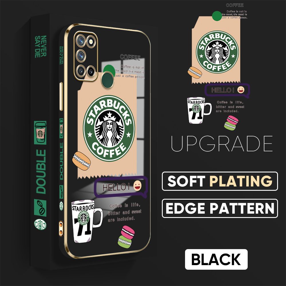 Jizetin (Free Lanyard) Realme C17 Realme 7i Back Cover Two Coffee Macaron Luxury 6D Plating Case Side Pattern Soft Silicone Square Mobile Phone Cases