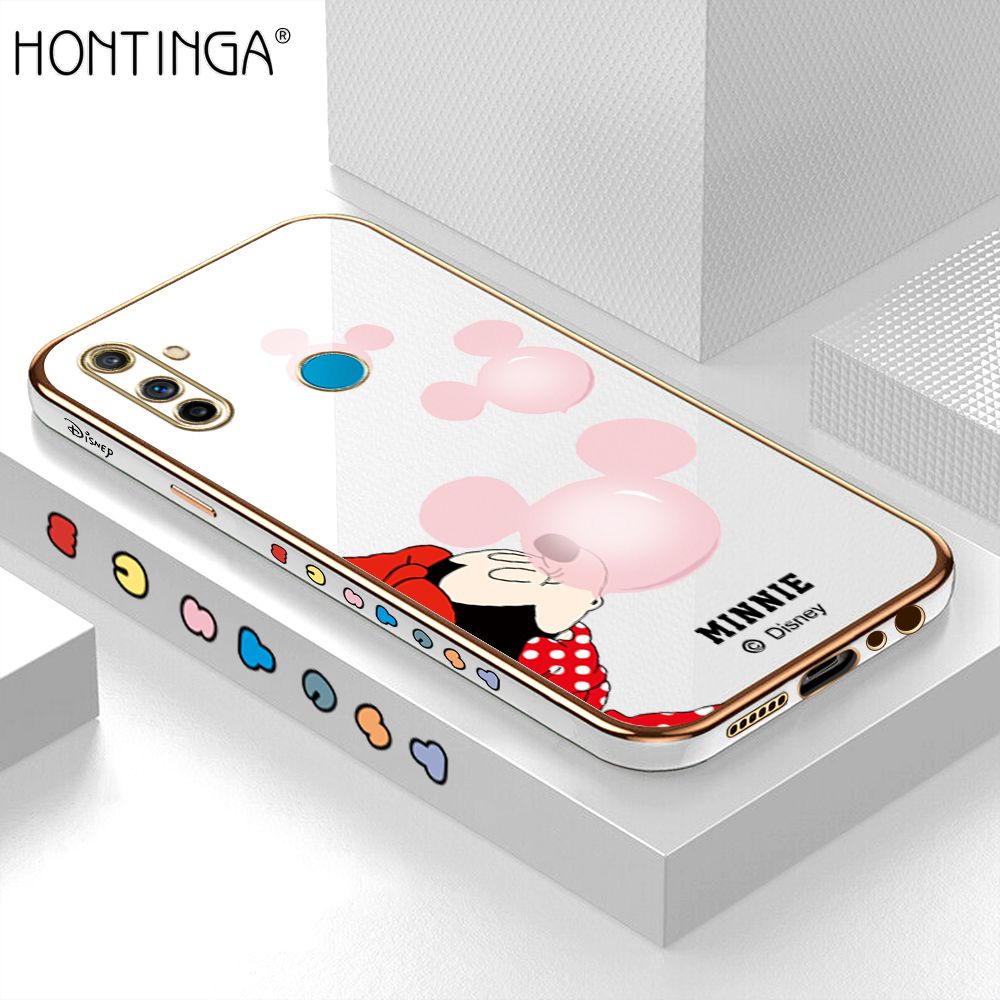 Hontinga for Realme C3 Back Cover + Free Lanyard Luxury 6D Plating Cartoon Bubble Mouse Side Pattern Case Soft Silicone Square Mobile Cover