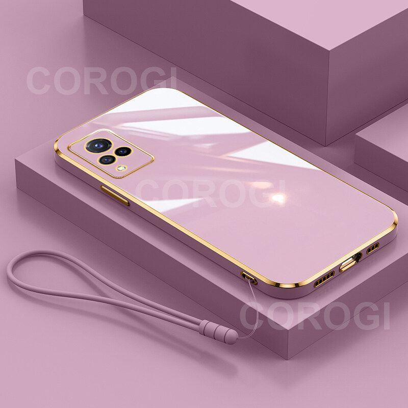 For Vivo V20 Cover with Wrist Strap Fashion Shiny Plating Square Bumper Girls Phone Case Soft TPU Silicone Shockproof Protective Back Cover