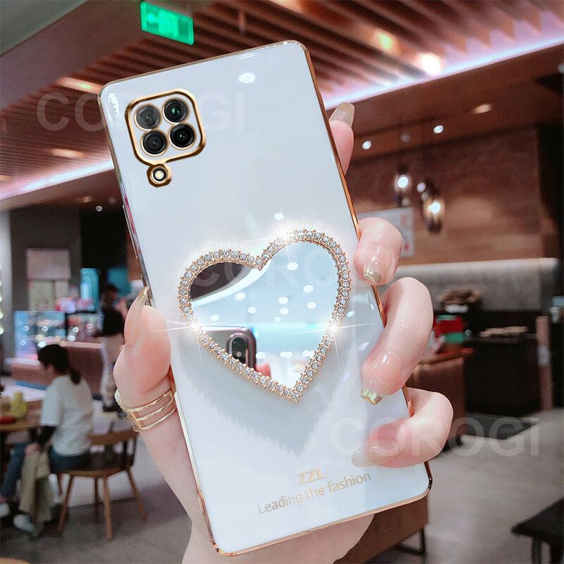 For Samsung Galaxy F62 Cover with Makeup Mirror Shiny Plating Square Bumper Girls Phone Case Soft TPU Silicone Shockproof Protective Back Cover