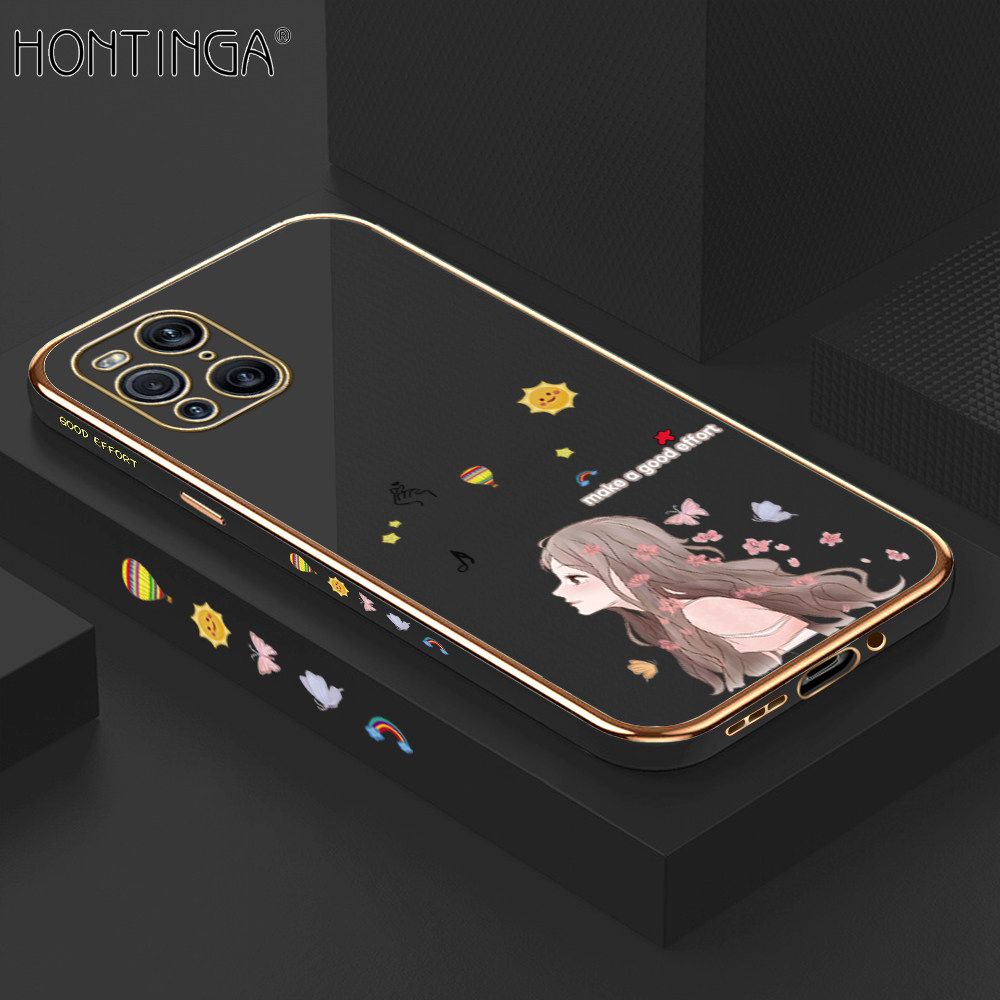 Hontinga for OPPO Find X3 Back Cover + Free Lanyard Luxury 6D Plating Sunshine Girl Side Pattern Case Soft Silicone Square Phone Cases