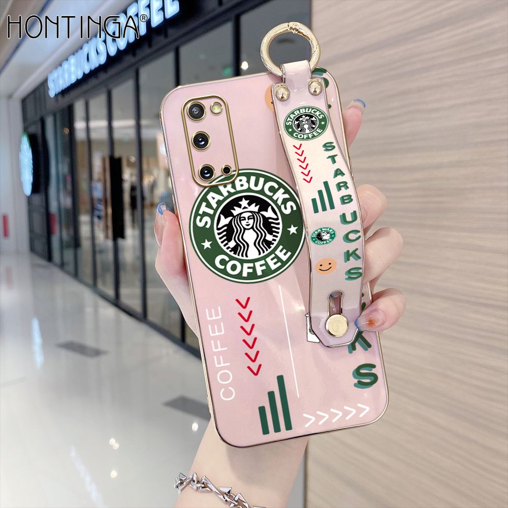 Hontinga for Samsung Galaxy S20 Back Cover With Wristband Luxury 6D Plating Coffee Sign Case Soft Silicone Square Phone Cases