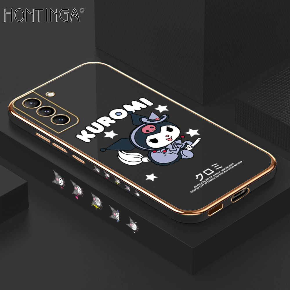 Hontinga for Samsung S21 Plus 5G Case Luxury 6D Plating Cute Cartoon Little Witch Side Pattern Soft Back Cover Silicone Square Phone Cases