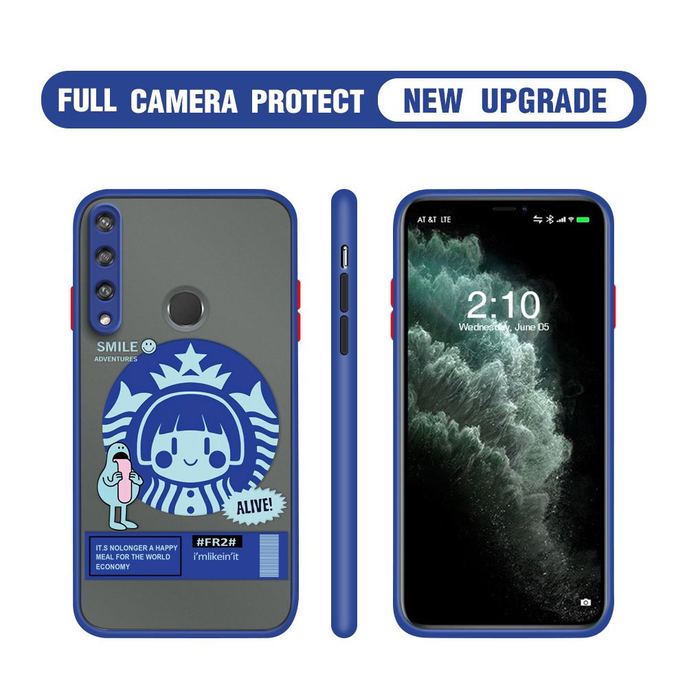Hontinga for Huawei Y6P Case Cute Coffee Girl Camera Shockproof Protection Casing Edge Frosted Transparent Phone Cover