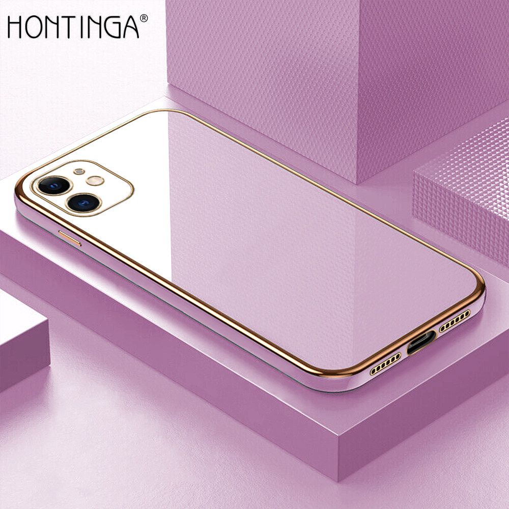 Hontinga for iPhone 11 Back Cover + Free Lanyard Luxury 6D Plating Frame Shiny Bling Case Soft Silicone Square Mobile Cover