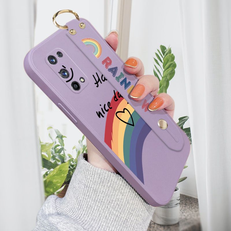 Jizetin for Realme X7 Pro Wrist Strap Case INS Style Smile Rainbow Cover Ultra Thin Anti Fall Liquid Silicone Phone Case