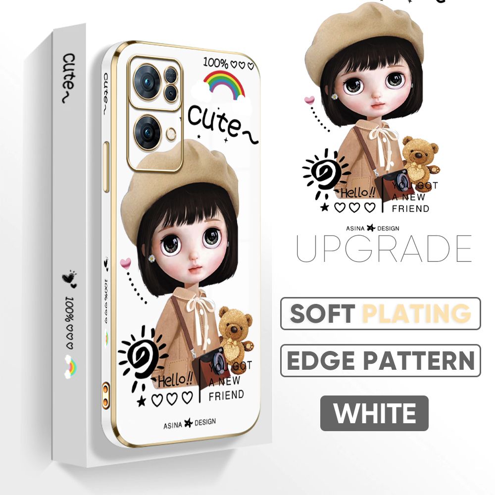 Jizetin (Free Lanyard) OPPO Reno7 Pro 5G Back Cover Fashion Girl Luxury 6D Plating Case Side Pattern Soft Silicone Square Mobile Phone Cases