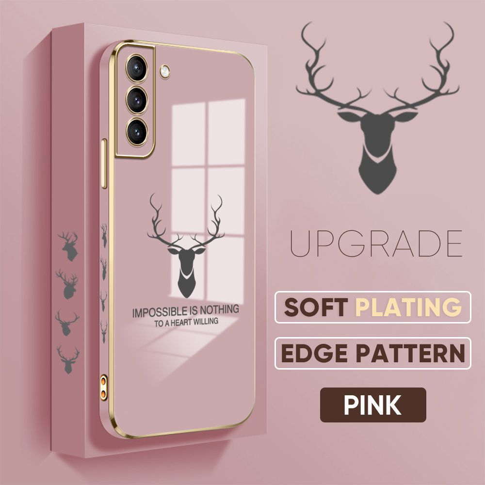 Jizetin (Free Lanyard) Samsung S21 Plus 5G Cover Simple Antlers Luxury 6D Plating Soft Casing Silicone Square Frame Phone Case Shiny Bling Back Cover