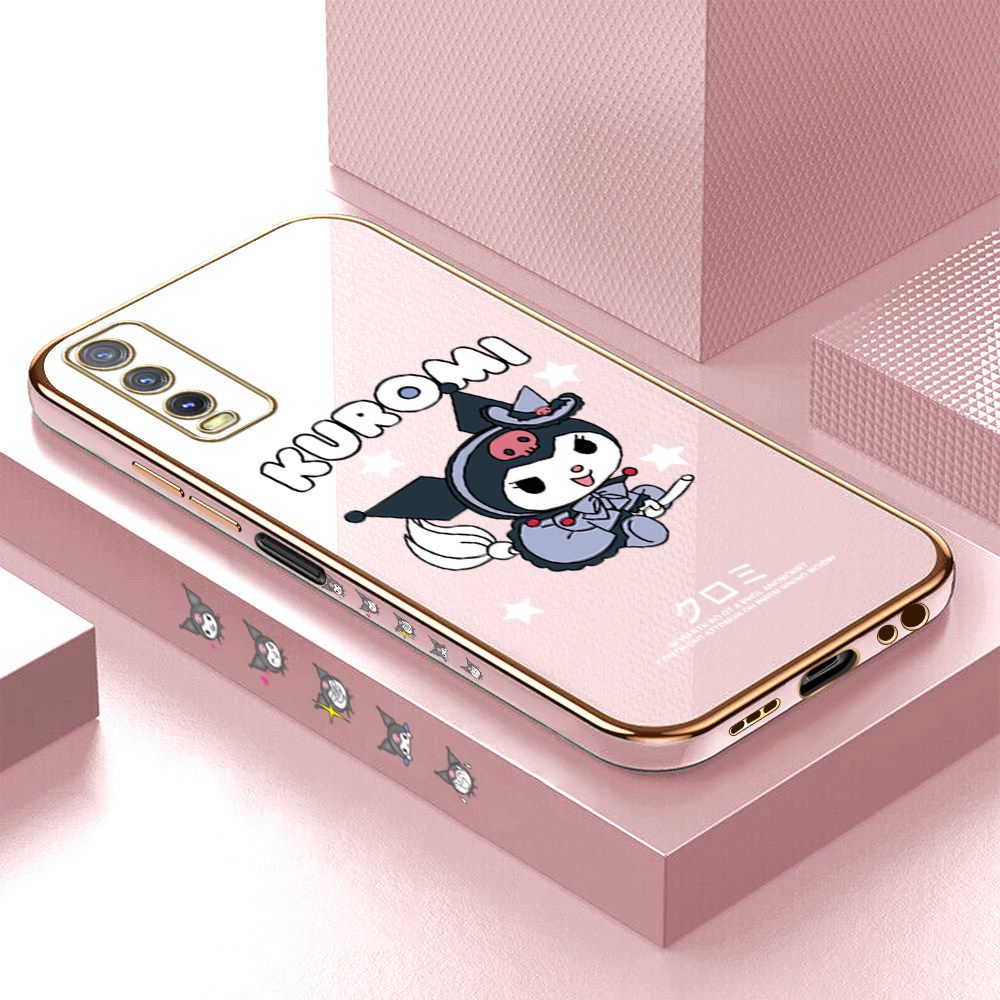 Luxury 6D Plating Soft Casing Silicone Square Frame Phone Case For Vivo Y12A Case Shiny Bling Back Cover Cartoon Anime Character Cute Square Edge Pattern Design Soft Case + Free Lanyard