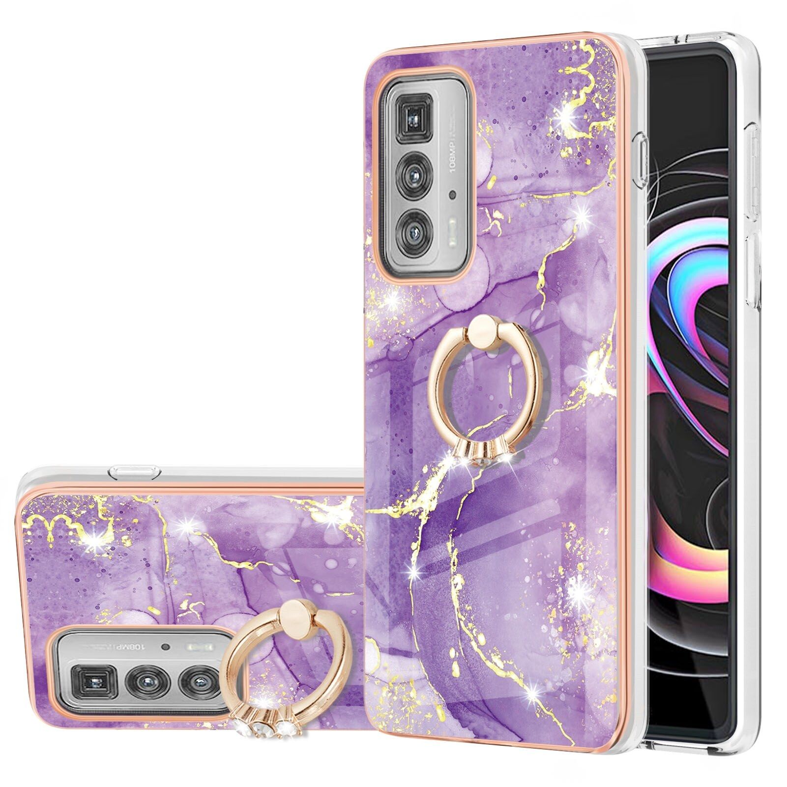 Case for Motorola Edge 20 Pro Marble Pattern Hybrid Hard Back Soft TPU Bumper Case Cover with Ring Holder Stand
