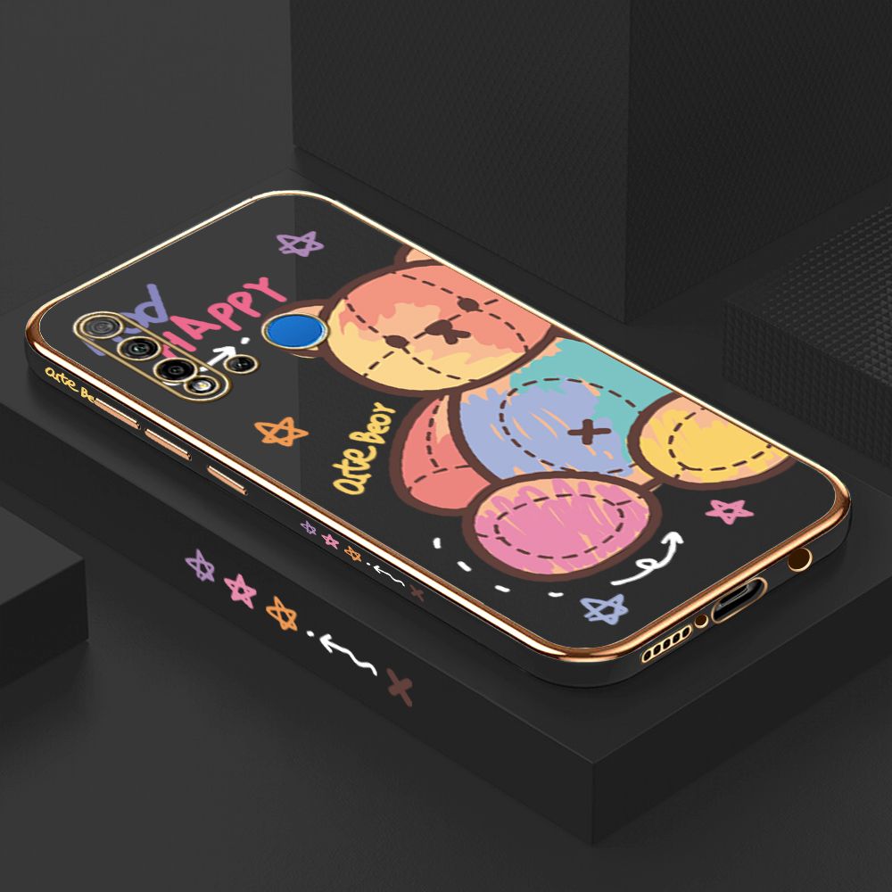 Luxury 6D Plating Case for Huawei P20 Lite 2019 Color Cartoon Doll Bear Side Pattern Back Cover Soft Silicone Square Phone Cases + Free Lanyard