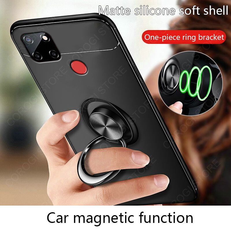 For Realme Narzo 30A Cover Shockproof Soft TPU Silicone Rubber Phone Case with Metal Finger Ring Stand Holder Magnetic Car Mount Protective Back Cover