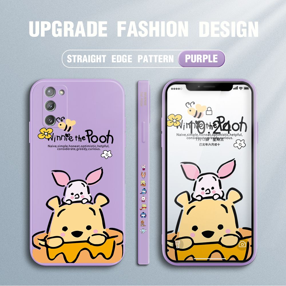 Jizetin for Samsung Galaxy Note 20 Case Side Design Phone Cover Lovely Cartoon Pooh Bear Cover Square Edge Pattern Liquid Silicone Trend Case