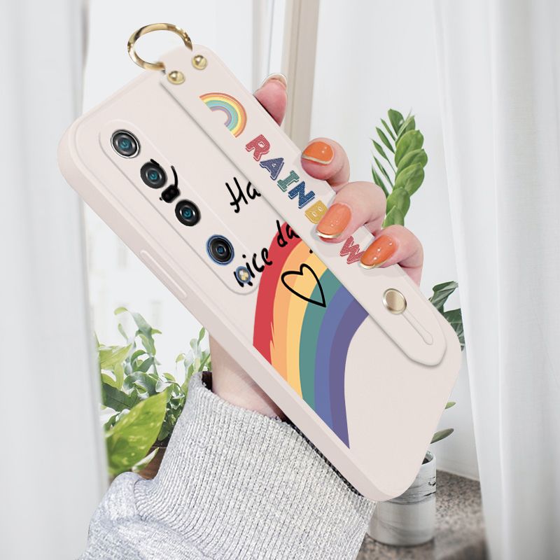 Jizetin for Xiaomi Mi 10 Pro Wrist Strap Case INS Style Smile Rainbow Cover Ultra Thin Anti Fall Liquid Silicone Phone Case