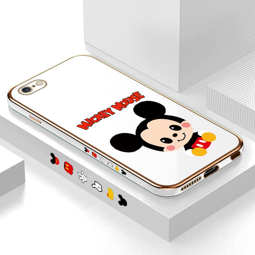 Luxury 6D Plating Case for iPhone 6S Plus Cute Cartoon Mouse Side Pattern Back Cover Soft Silicone Square Frame Shiny Bling Phone Cases + Free Lanyard