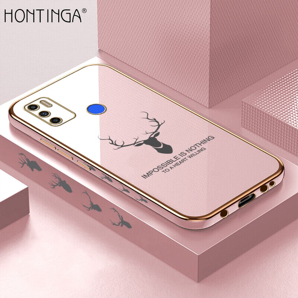 Hontinga for Tecno Spark 5 Air / Spark 6 Air Back Cover + Free Lanyard Luxury 6D Plating Cartoon Lucky Deer Side Pattern Case Soft Silicone Square Phone Cases