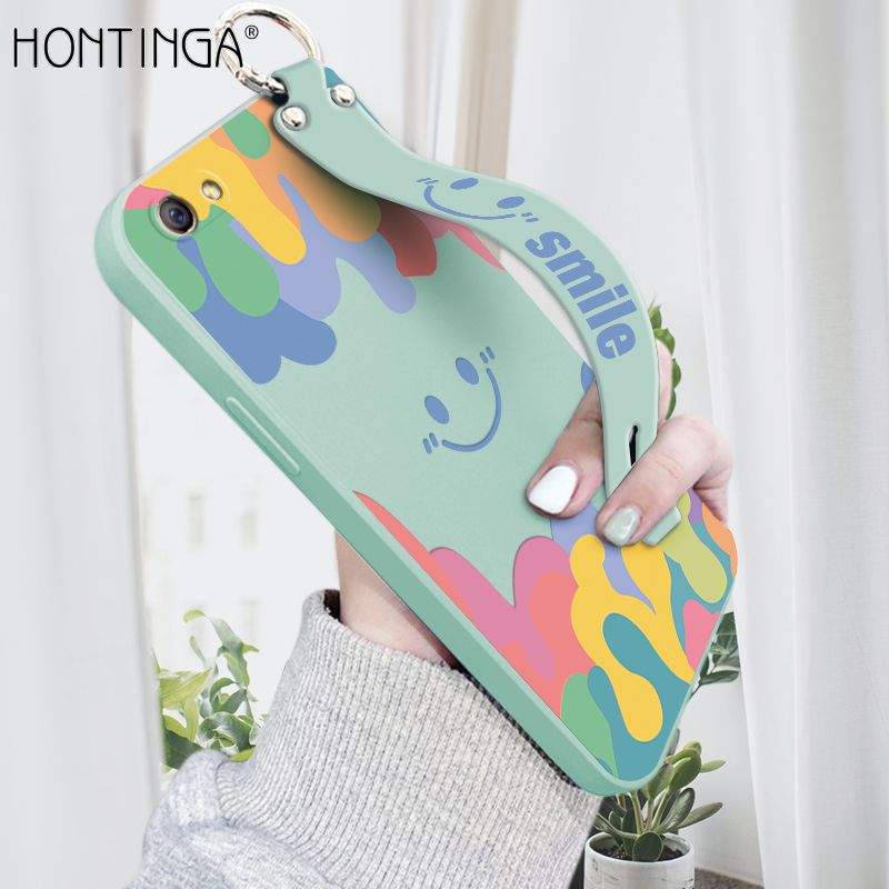 Hontinga for OPPO R9S Plus Wrist Strap Case Soft Candy Color Splash Ink Cover Trend Square Printed Pattern Liquid Silicone Phone Case