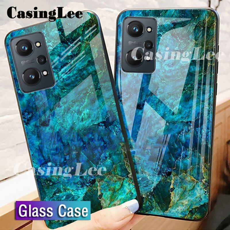 Casinglee For Realme 9i Case Fashion Marble Tempered Glass Protector Soft Silicon Back cover for Realme 9i Phone cases For girls and Boys