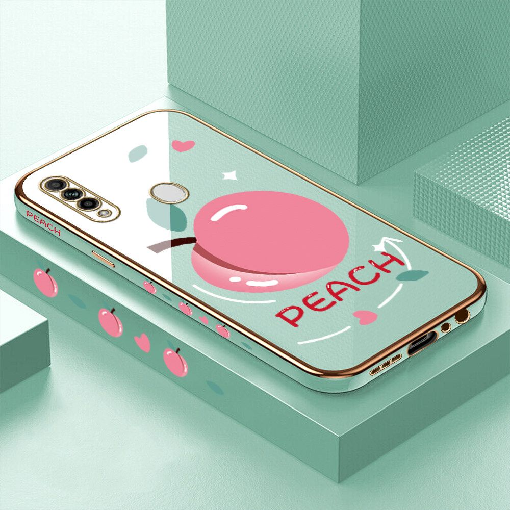 Luxury 6D Plating Case for OPPO A31 2020 Cartoon Simple Peach Side Pattern Back Cover Soft Silicone Square Frame Shiny Bling Phone Cases + Free Lanyard