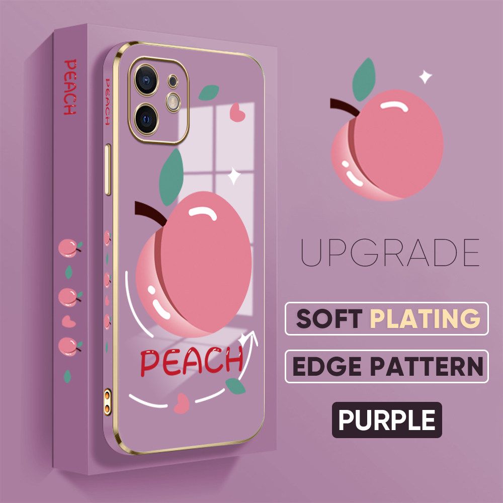TA for iPhone 12 Back Cover Shiny Peach Luxury 6D Plating Case Side Pattern Soft Silicone Square Phone Case