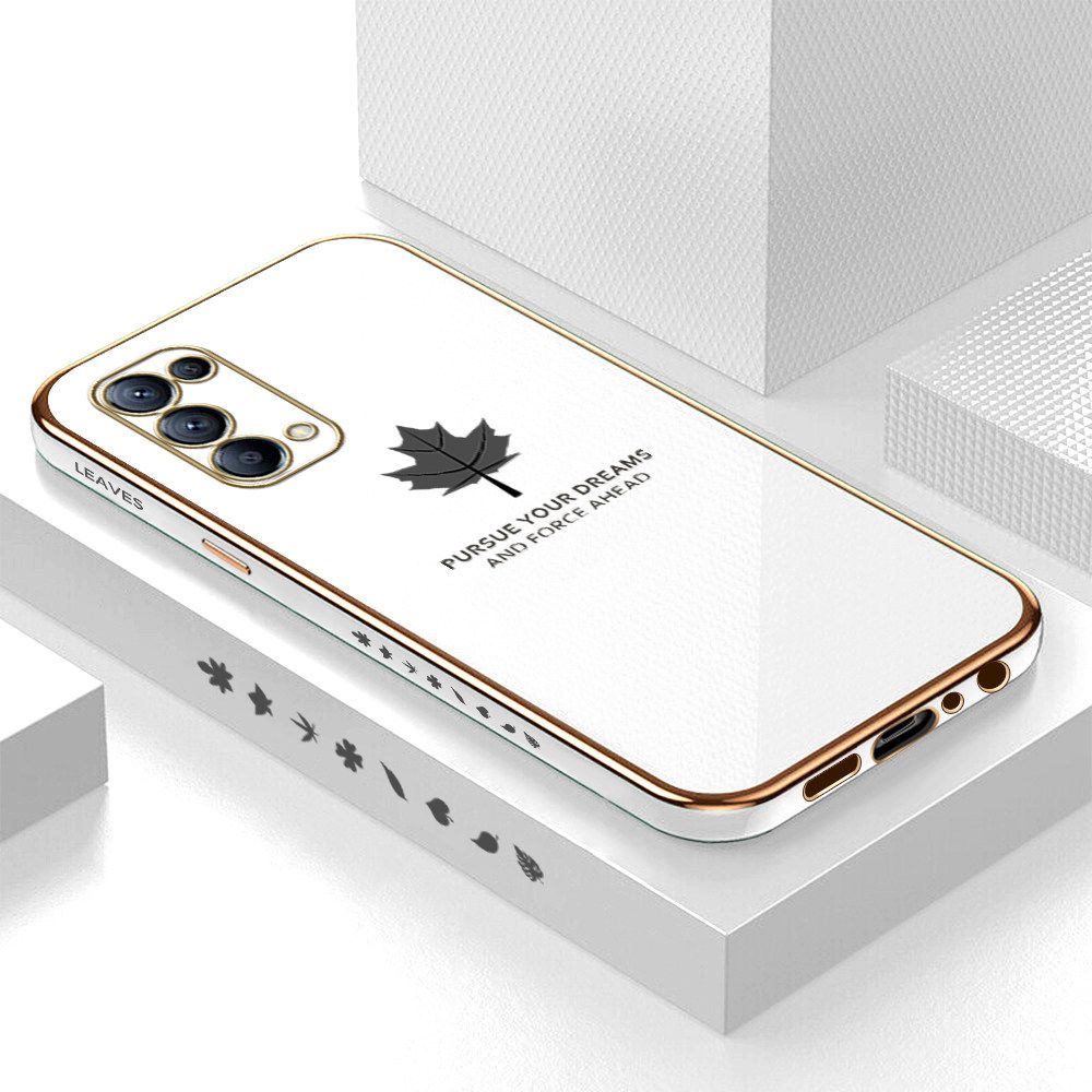 Luxury 6D Plating Soft Casing Silicone Square Frame Phone Case For OPPO Reno5 5G Case Shiny Bling Back Cover New Maple Leaf Square Edge Pattern Design Soft Case + Free Lanyard