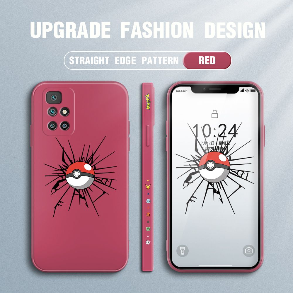 Jizetin for Xiaomi Redmi 10 Case Cartoon Pokémon Pocket Monster Design Side Design Phone Case Square Edge Pattern Liquid Silicone Cases Full Cover Camera Shockproof Protective Case
