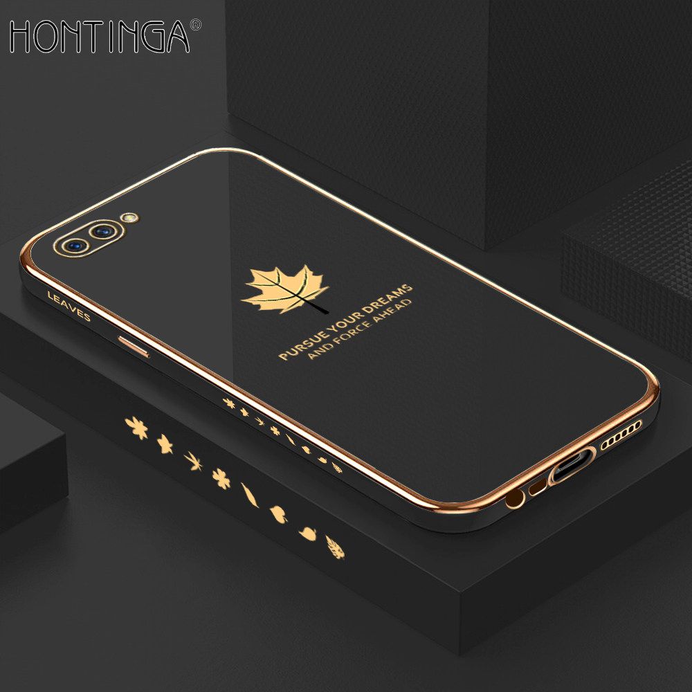 Hontinga for OPPO A3S A12E Realme C1 Back Cover + Free Lanyard Luxury 6D Plating Shiny Maple leaf Phone Case Soft Silicone Square Mobile Cover