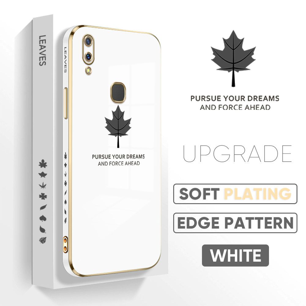 Jizetin (Free Lanyard) Vivo Y85 / V9 Case Luxury 6D Plating Soft Casing Silicone Square Frame Phone Case Shiny Bling Back Cover Maple leaf New design Side Drawing Case