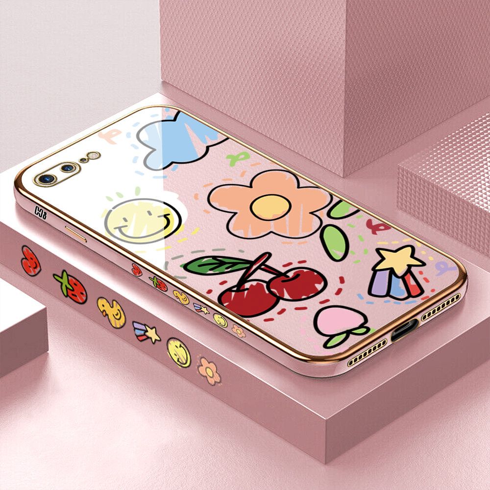 Luxury 6D Plating Case for iPhone 7 Plus Color Cartoon cherry Peach Side Pattern Back Cover Soft Silicone Square Frame Shiny Bling Phone Cases + Free Lanyard