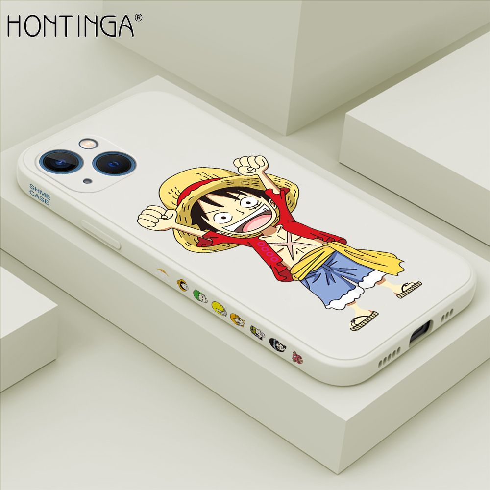 Hontinga for iPhone 13 Mini Case Side Design Anime Cartoon Luffy Back Cover Soft Square Edge Pattern Liquid Silicone Trend Phone Cases