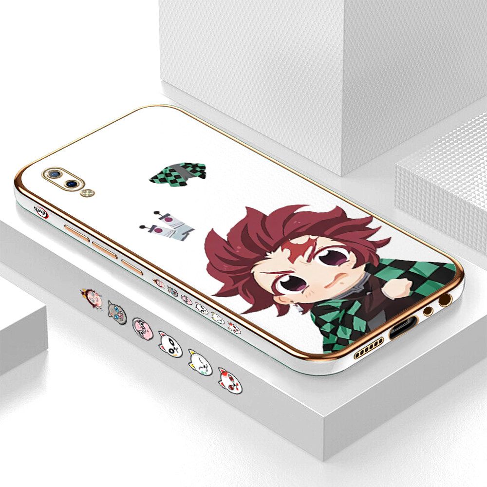 Luxury 6D Plating Case for Vivo Y93 Cartoon Anime Tanjirou Side Pattern Back Cover Soft Silicone Square Frame Shiny Bling Phone Cases + Free Lanyard