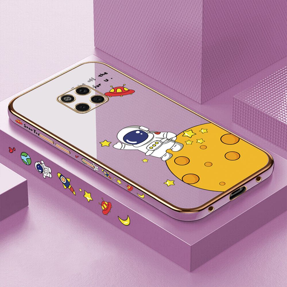 Luxury 6D Plating Case for Huawei Mate 20 Pro Cute Cartoon Happy Astronaut Side Pattern Back Cover Soft Silicone Square Frame Shiny Bling Phone Cases + Free Lanyard