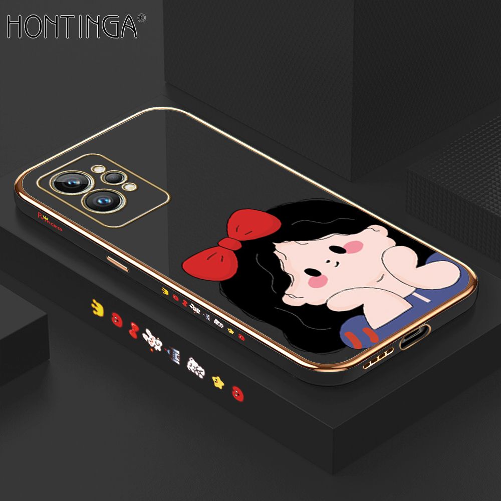 Hontinga for Realme GT2 Pro Back Cover + Free Lanyard Luxury 6D Plating Cartoon Bow Girl Side Pattern Case Soft Silicone Square Phone Cases