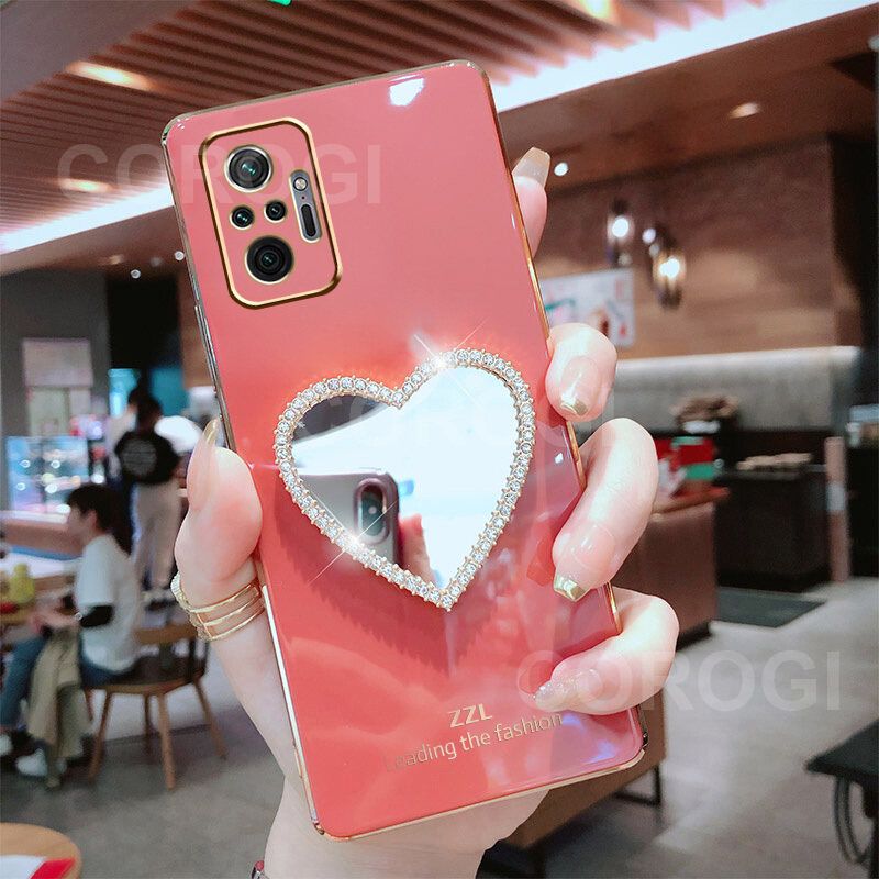 For Xiaomi Redmi Note 10 Pro Cover with Makeup Mirror Shiny Plating Square Bumper Girls Phone Case Soft TPU Silicone Shockproof Protective Back Cover