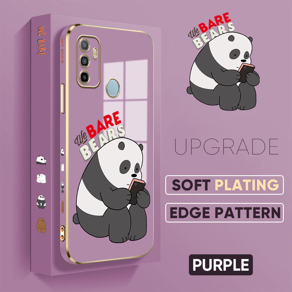 TA for OPPO A53 2020 / A33 2020 Back Cover + Free Lanyard Panda Reading Luxury 6D Plating Case Side Pattern Soft Silicone Square Phone Cases