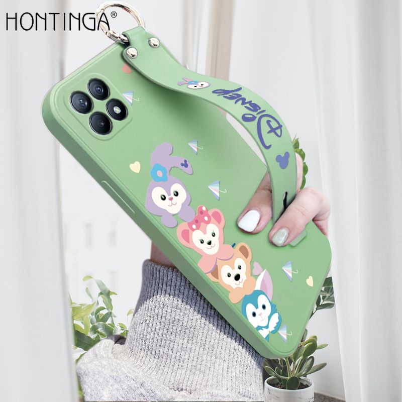 Hontinga for OPPO Reno4 SE 5G Wrist Strap Case INS Cute Style Creative Cartoon Rabbit and Fox Cover Thin Square Edge Liquid Silicone Phone Case
