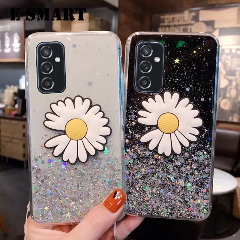 Phone Case Samsung Galaxy M52 Transparent Bling Glitter Cases Soft Clear Shining Sequin Back Cover with Daisy Flowers Folding Samsung M52 Case