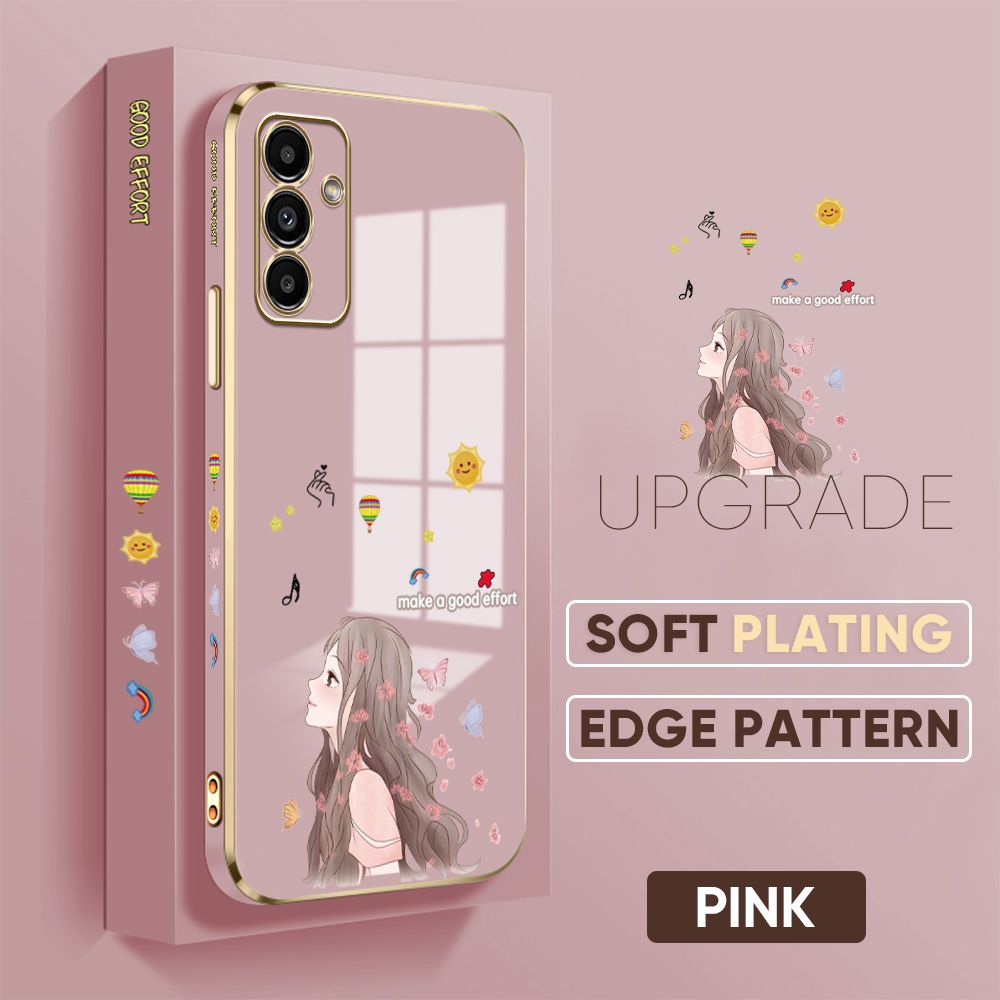Jizetin (Free Lanyard) Samsung Galaxy A13 5G Back Cover Butterfly Girl Luxury 6D Plating Case Side Pattern Soft Silicone Square Mobile Phone Cases