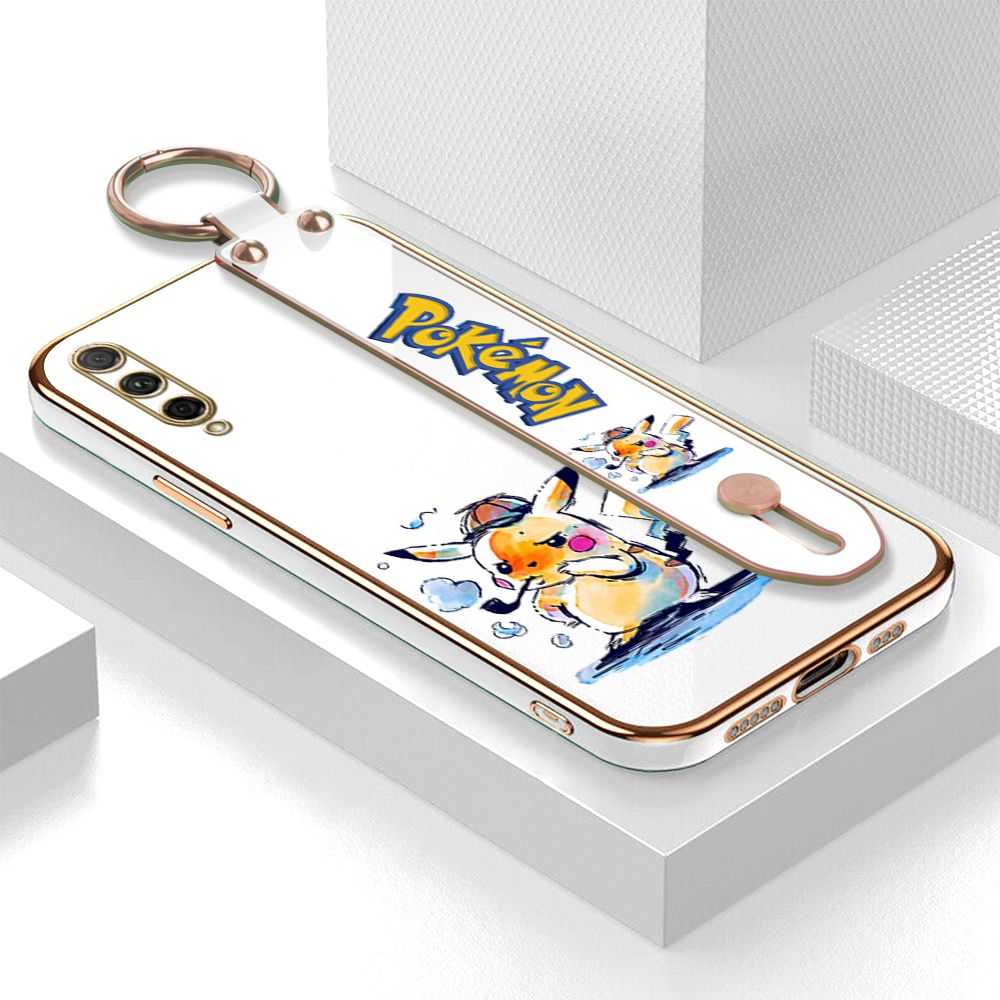 UCUC for Honor 9X Pro / Huawei Y9S Wrist Strap Back Cover + Free Lanyard Pikachu Fashion Luxury 6D Plating Soft Casing Silicone Square Frame Phone Case