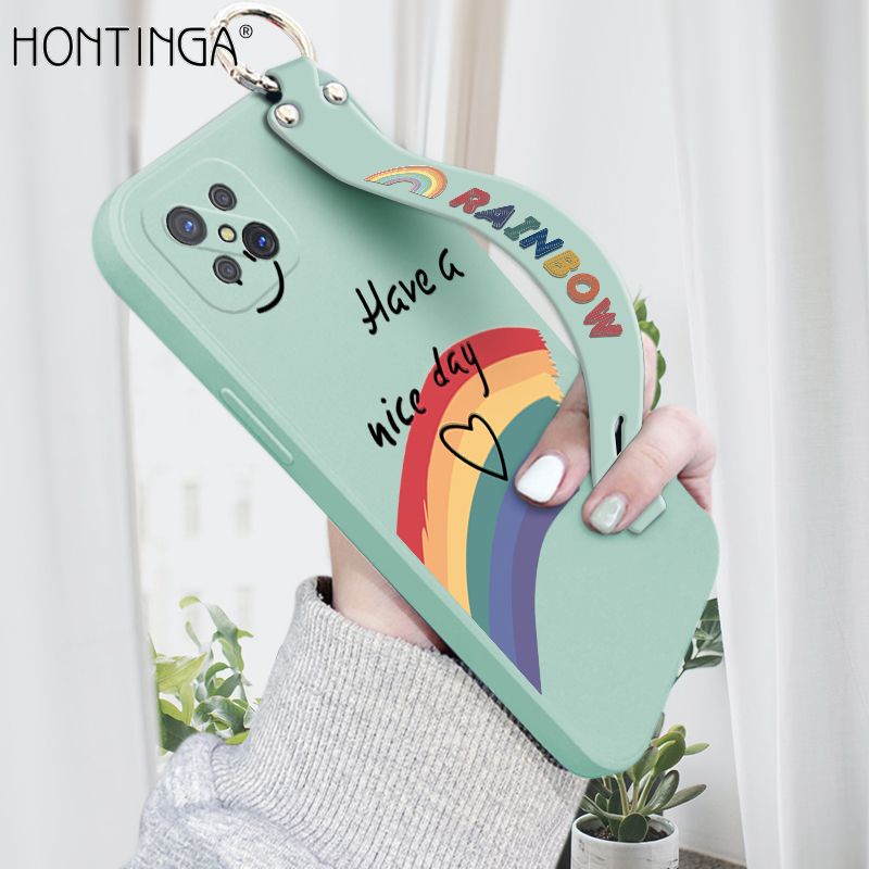 Hontinga for OPPO Reno4 Z 5G Wrist Strap Case Lovely Graffiti Rainbow Smile Thin Phone Cover Square Edge Liquid Silicone Creativity Phone Case