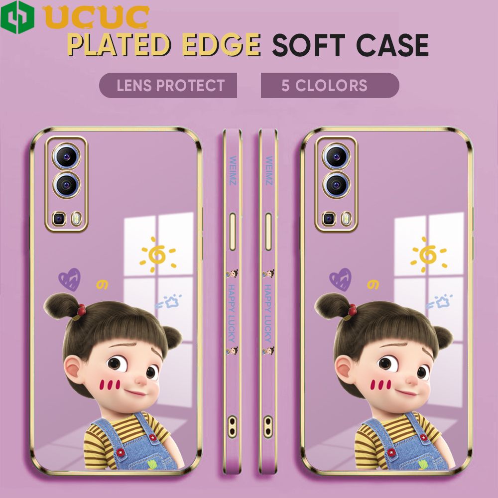 UCUC for Vivo Y72 5G / Y52 5G Back Cover + Free Lanyard Lovely Girl Luxury 6D Plating Case Side Pattern Soft Silicone Square Phone Cases