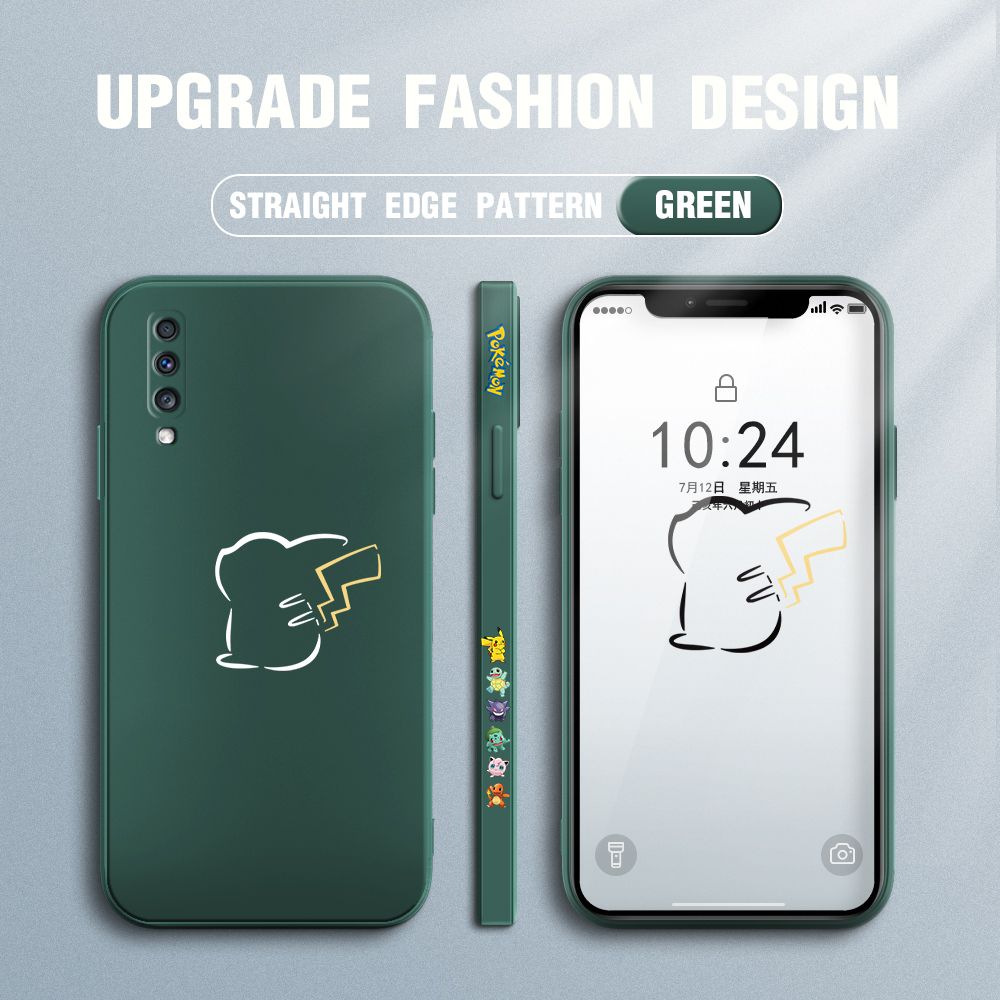 Jizetin for Samsung Galaxy A70 Case New Pikachu Pokémon Design Side Design Phone Case Square Edge Pattern Liquid Silicone Cases Full Cover Camera Soft Protection Case