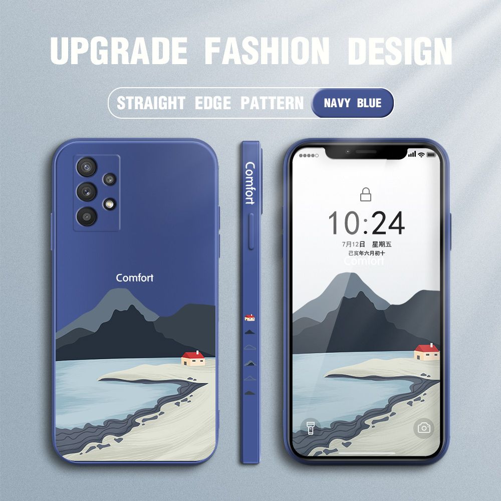 Jizetin for Samsung Galaxy A32 Case Mount Fuji Design Side Design Phone Case Square Edge Pattern Liquid Silicone Cases Full Cover Camera Shockproof Protective Case