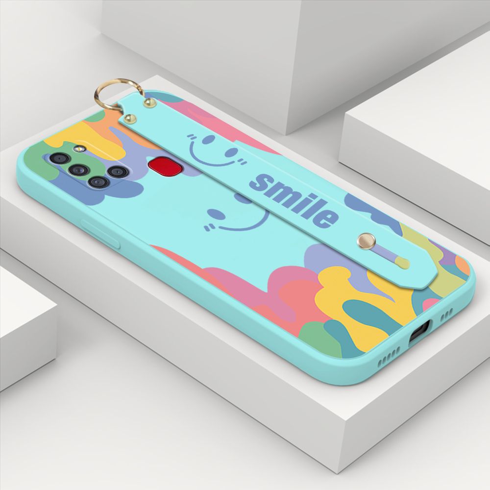 ZeroQiQi for Samsung Galaxy A21S Wrist Strap Case Soft Candy Color Splash Ink Cover Trend Square Printed Pattern Liquid Silicone Phone Case