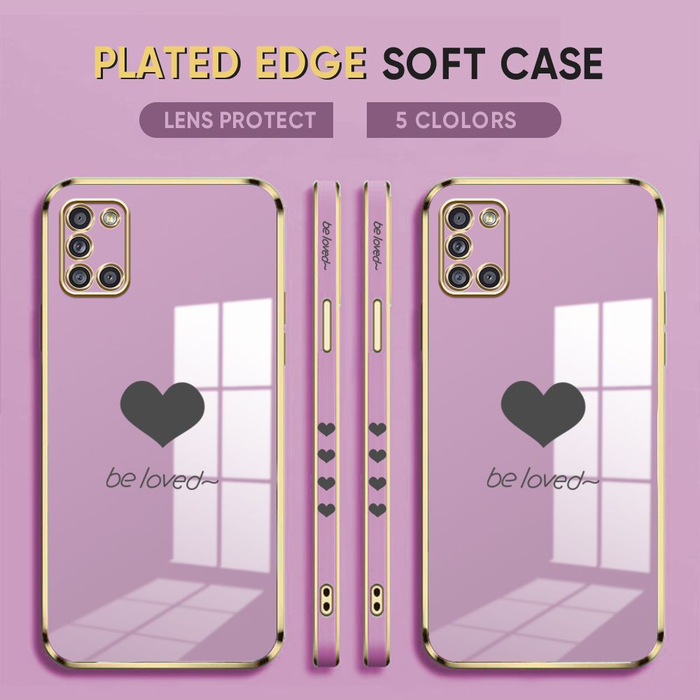 Luxury 6D Plating Case for Samsung A31 Phone Cases Lover Heart Side Print Soft Silicone Square Back Cover