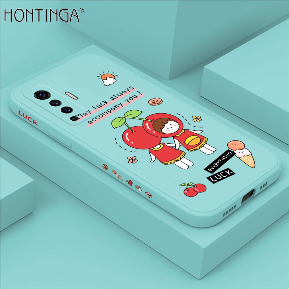 Hontinga for Vivo X50 5G Case Side Design Cute Cherry Girl Back Cover Soft Square Edge Pattern Liquid Silicone Trend Phone Cases